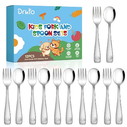Picture of DRKIO Stainless Steel Toddler Utensils Set - 12 Pieces Kids Silverware Set Children Safe Food Grade Small Forks and Spoons Dishwasher Safe Mirror Polished