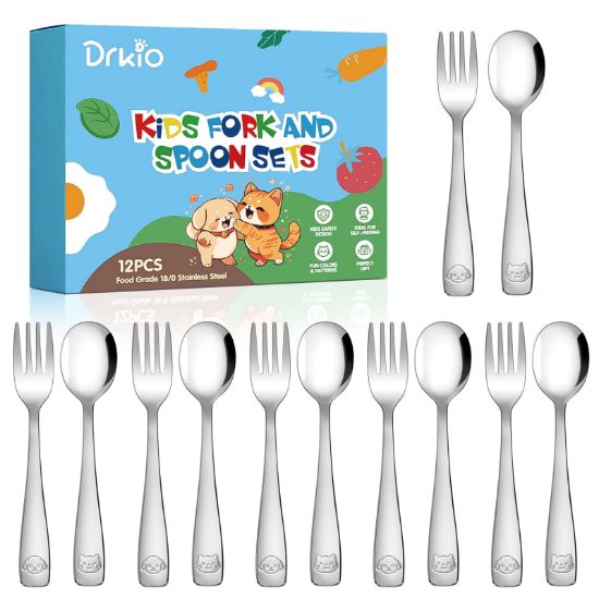Picture of DRKIO Stainless Steel Toddler Utensils Set - 12 Pieces Kids Silverware Set Children Safe Food Grade Small Forks and Spoons Dishwasher Safe Mirror Polished