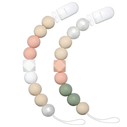 Picture of Pacifier Clip Baby Girls Binky Clips Holder Soothie Paci Clip Silicone Bead Teething Relief Teether Toy Baby Birthday Christmas Set of 2 Pack(Pinksand, Mossy Green)