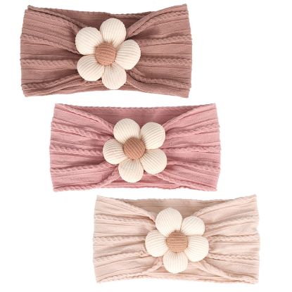 Picture of MIUXUESO 3 Pcs Baby Flower Headbands Baby Girls Nylon Headband Soft Hairbands Hair Accessories for Newborn Infant Toddler Kids (Beige Pink Khaki)