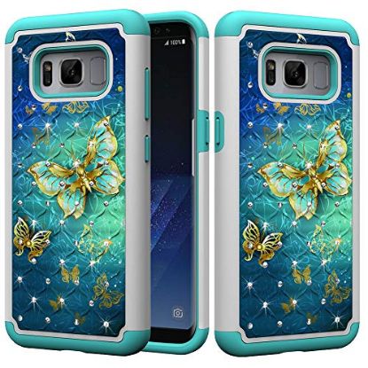 Picture of Tznzxm for Galaxy S8 Case Fashion 2 in 1 Dual Layer Anti-Scratch Heavy Duty Hard PC Silicone Bumper Shockproof Non-Slip Bling Diamond Sparkly Defender Protective Case For Samsung Galaxy S8 G Butterfly