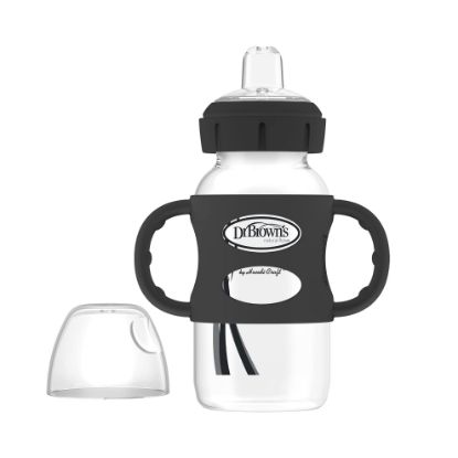 Picture of Dr. Brown's Milestones Wide-Neck Sippy Spout Bottle with 100% Silicone Handles, Easy-Grip Handles with Soft Sippy Spout, 9oz/270mL, Black, 1-Pack, 6m+