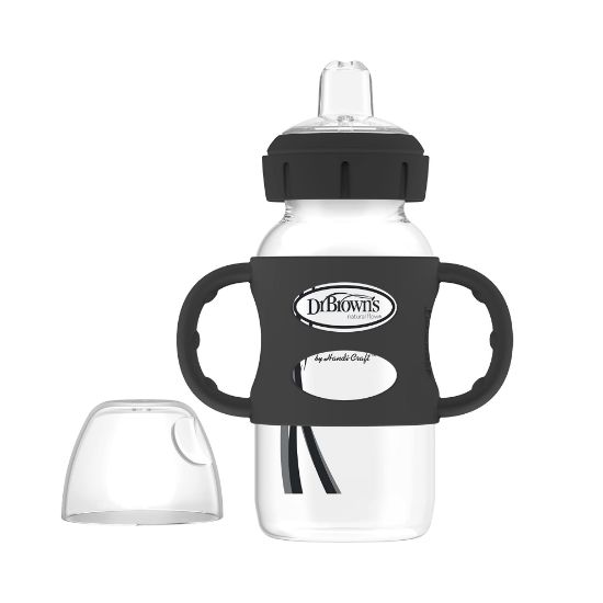 Picture of Dr. Brown's Milestones Wide-Neck Sippy Spout Bottle with 100% Silicone Handles, Easy-Grip Handles with Soft Sippy Spout, 9oz/270mL, Black, 1-Pack, 6m+