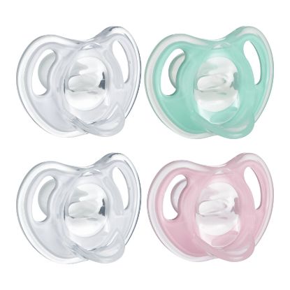 Picture of Tommee Tippee Ultra-Light Silicone Pacifier, 0-6 Months, Symmetrical One-Piece Design, BPA-Free Silicone Binkies, Clear/Green/Pink, Pack of 4