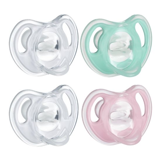 Picture of Tommee Tippee Ultra-Light Silicone Pacifier, 0-6 Months, Symmetrical One-Piece Design, BPA-Free Silicone Binkies, Clear/Green/Pink, Pack of 4