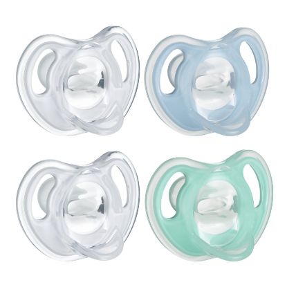 Picture of Tommee Tippee Ultra-Light Silicone Pacifier, 0-6 Months, Symmetrical One-Piece Design, BPA-Free Silicone Binkies, Clear/Blue/Green, Pack of 4