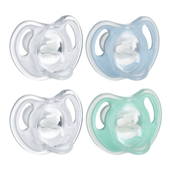 Picture of Tommee Tippee Ultra-Light Silicone Pacifier, 0-6 Months, Symmetrical One-Piece Design, BPA-Free Silicone Binkies, Clear/Blue/Green, Pack of 4
