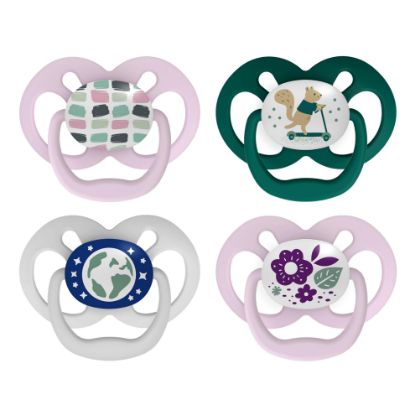 Picture of Dr. Brown's Advantage Glow-in-the-Dark Baby Pacifier, Fully Symmetrical Soother with Soft Silicone Bulb, Scooter Squirrel-Purple Nature, 6-18m, BPA Free, 4 Pack