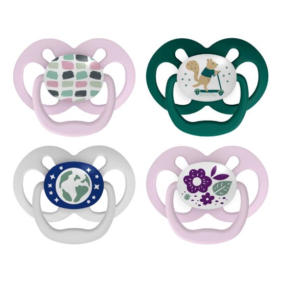 Picture of Dr. Brown's Advantage Glow-in-the-Dark Baby Pacifier, Fully Symmetrical Soother with Soft Silicone Bulb, Scooter Squirrel-Purple Nature, 6-18m, BPA Free, 4 Pack
