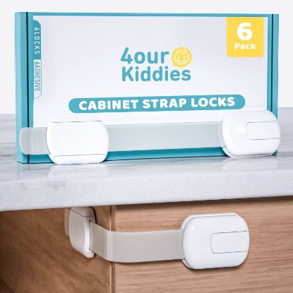 Picture of 4our Kiddies Child Safety Cabinet Locks for Babies (6 Pack), Child Proof Latches for Cabinets and Drawers Doors, Baby Proofing Cabinet Strap Locks for Cupboard and Closet with 6 Pcs Extra 3M Adhesives