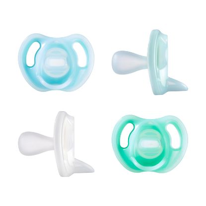 Picture of Tommee Tippee Ultra-Light Silicone Pacifier, 0-6 Months, Symmetrical One-Piece Design, BPA-Free Silicone Binkies, Blue/Green/Clear, Pack of 4