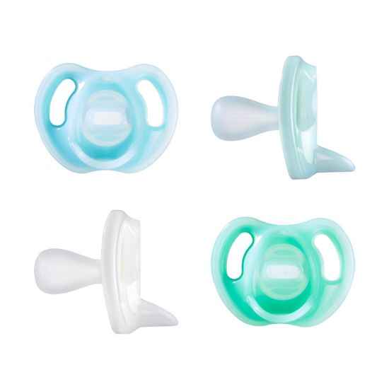 Picture of Tommee Tippee Ultra-Light Silicone Pacifier, 0-6 Months, Symmetrical One-Piece Design, BPA-Free Silicone Binkies, Blue/Green/Clear, Pack of 4