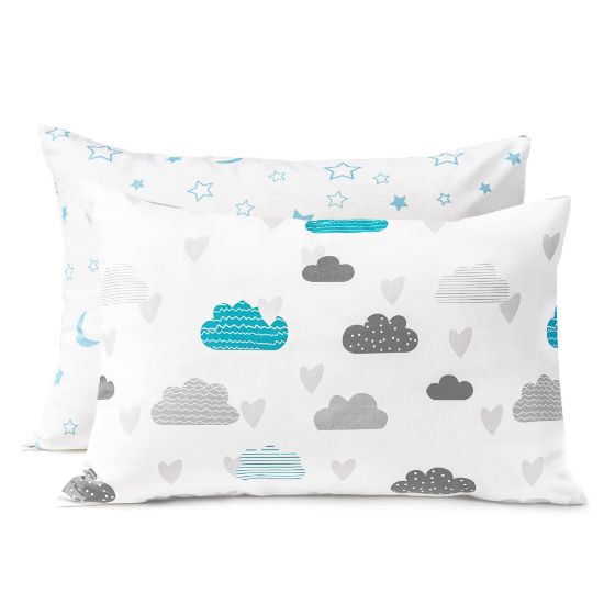 Picture of TILLYOU Toddler Pillowcase 2 Pack with Envelope Closure,Silky Soft Microfiber 13" x 18" Kids Travel Pillow Cases,Blue Clouds & Blue Stars
