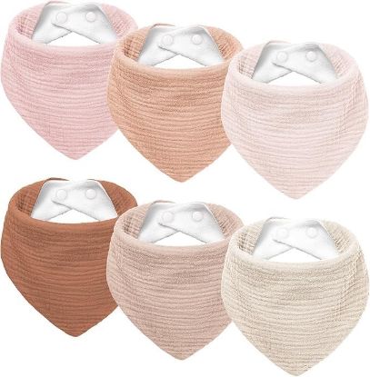 Picture of Susurration Muslin Baby Drool Bibs 6Pack Soft Triangular Baby Bandana Adjustable Bibs for Unisex Girls & Boys (Pink&Brown)