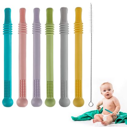 Picture of Fu Store Hollow Teether Tube Chew Straw Sensory Toy for Infant Toddlers Silicone Tubes Teething Toys for Babies 3-12 Months 0-36 Months Gifts Learning Developmental Toys BPA Free Freezable 6 Pack