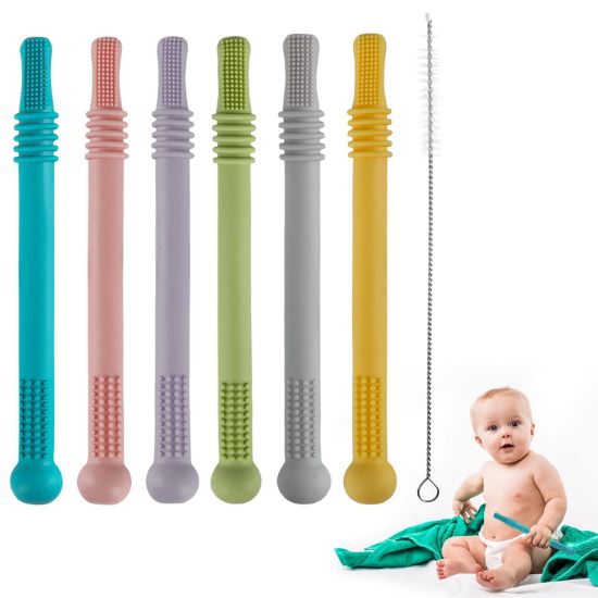 Picture of Fu Store Hollow Teether Tube Chew Straw Sensory Toy for Infant Toddlers Silicone Tubes Teething Toys for Babies 3-12 Months 0-36 Months Gifts Learning Developmental Toys BPA Free Freezable 6 Pack