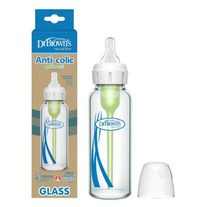 Picture of Dr. Brown's Natural Flow Anti-Colic Options+ Narrow Glass Baby Bottle, 8 oz/250 mL, with Level 1 Slow Flow Nipple, 1 Pack, 0m+