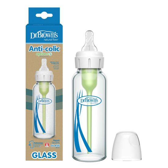 Picture of Dr. Brown's Natural Flow Anti-Colic Options+ Narrow Glass Baby Bottle, 8 oz/250 mL, with Level 1 Slow Flow Nipple, 1 Pack, 0m+