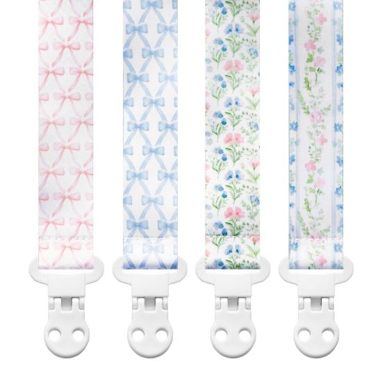 Picture of Baby Pacifier Clip Holder - Girl 4 Pack Gift Set - Vintage Floral Bows Ribbons Flowers French Blue Pink