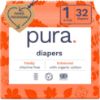 Picture of Pura Hypoallergenic Diapers, Size 1 (4-11 lbs), Newborn, Totally Chlorine Free, Wetness Indicator, Suitable for Sensitive Skin, Soft Organic Cotton Comfort, Overnight, 1 Pack of 32 Baby Diapers