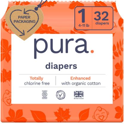 Picture of Pura Hypoallergenic Diapers, Size 1 (4-11 lbs), Newborn, Totally Chlorine Free, Wetness Indicator, Suitable for Sensitive Skin, Soft Organic Cotton Comfort, Overnight, 1 Pack of 32 Baby Diapers
