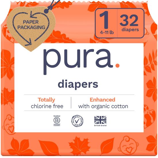 Picture of Pura Hypoallergenic Diapers, Size 1 (4-11 lbs), Newborn, Totally Chlorine Free, Wetness Indicator, Suitable for Sensitive Skin, Soft Organic Cotton Comfort, Overnight, 1 Pack of 32 Baby Diapers