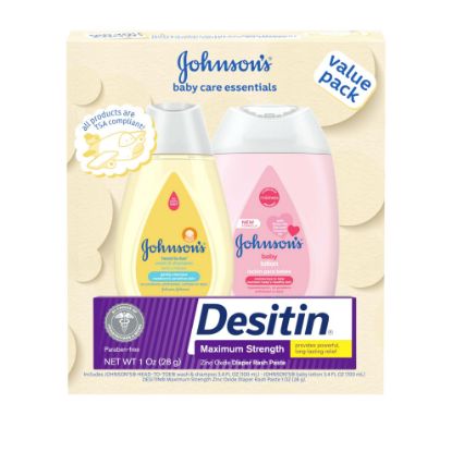 Picture of Johnson's Baby Care Essentials Gift Set, Body Lotion, & Zinc Oxide Diaper Rash Paste for Baby's Delicate Skin, Value Pack, Travel-Size, Bath Essentials Must Haves, Baby Gifts, 3 Items