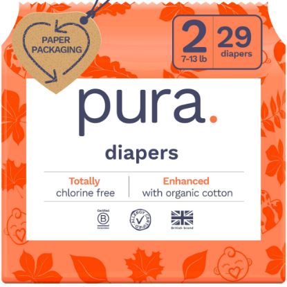 Picture of Pura Hypoallergenic Diapers, Size 2 (7-13 lbs) Totally Chlorine Free, Wetness Indicator, Suitable for Sensitive Skin, Soft Organic Cotton Comfort, Overnight, 1 Pack of 29 Baby Diapers