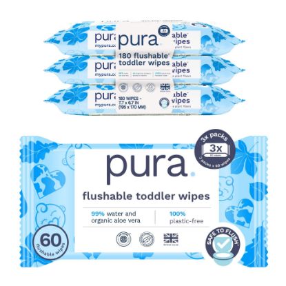 Picture of Pura Flushable Toddler Wipes 3 x 60 Wipes (180 Wipes), 100% Plastic Free, 99% Water, Hypoallergenic & Fragrance Free, Totally Chlorine Free, Kids Toilet Wipes, Potty Training