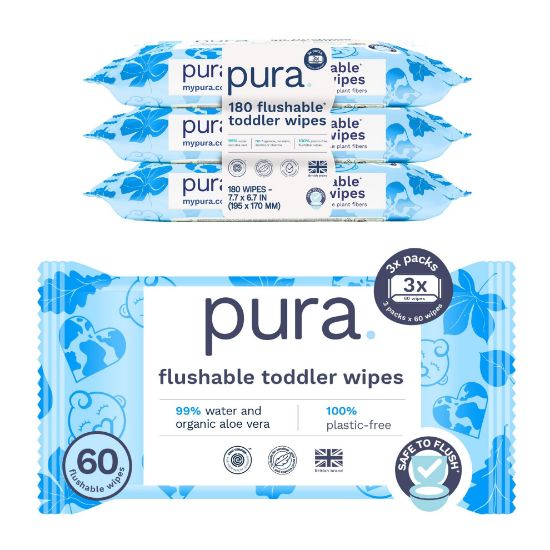 Picture of Pura Flushable Toddler Wipes 3 x 60 Wipes (180 Wipes), 100% Plastic Free, 99% Water, Hypoallergenic & Fragrance Free, Totally Chlorine Free, Kids Toilet Wipes, Potty Training