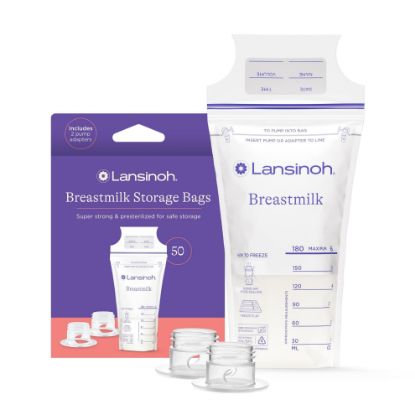 Picture of Lansinoh Breastmilk Storage Bags, 50 Count with 2 Pump Adapters, Baby Essentials, Fast Freeze & Thaw Breast Milk Bags for Baby Bottle Feeding, Superior Strength & Stretch, 6 Ounce