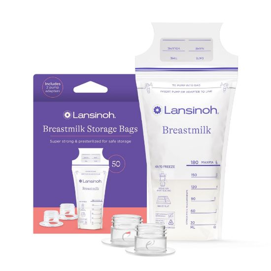 Picture of Lansinoh Breastmilk Storage Bags, 50 Count with 2 Pump Adapters, Baby Essentials, Fast Freeze & Thaw Breast Milk Bags for Baby Bottle Feeding, Superior Strength & Stretch, 6 Ounce