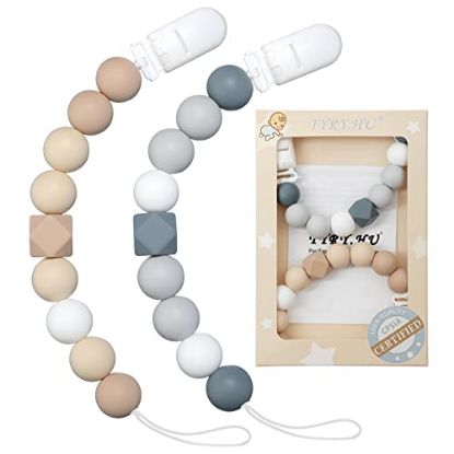 Picture of Pacifier Clip Baby Boys Girls Binky Holder Soothie Paci Clip Silicone Bead Teething Relief Teether Toy Baby Birthday Christmas Shower Set of 2 Pack(Oatmeal, Grey)