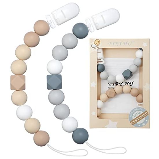 Picture of Pacifier Clip Baby Boys Girls Binky Holder Soothie Paci Clip Silicone Bead Teething Relief Teether Toy Baby Birthday Christmas Shower Set of 2 Pack(Oatmeal, Grey)