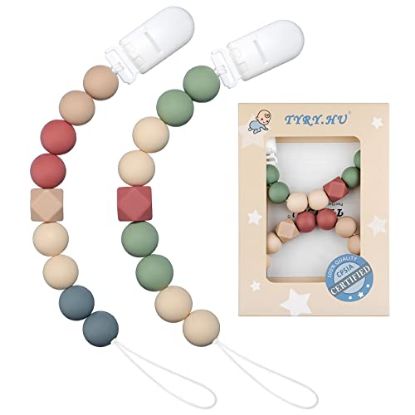 Picture of Pacifier Clip Baby Girls Binky Clips Holder Soothie Paci Clip Silicone Bead Teething Relief Teether Toy Baby Birthday Christmas Set of 2 Pack(Green, Brick Red)