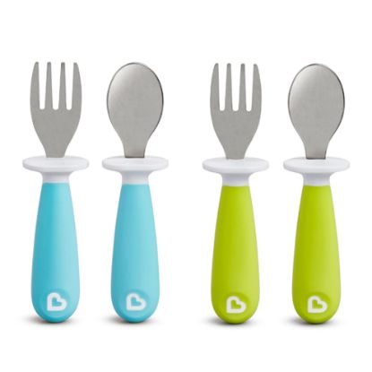 Picture of Munchkin® Raise™ Toddler Fork and Spoon Utensil Set, Rest Keeps Tip Off Table, BPA Free, 4 Pack, Blue/Green