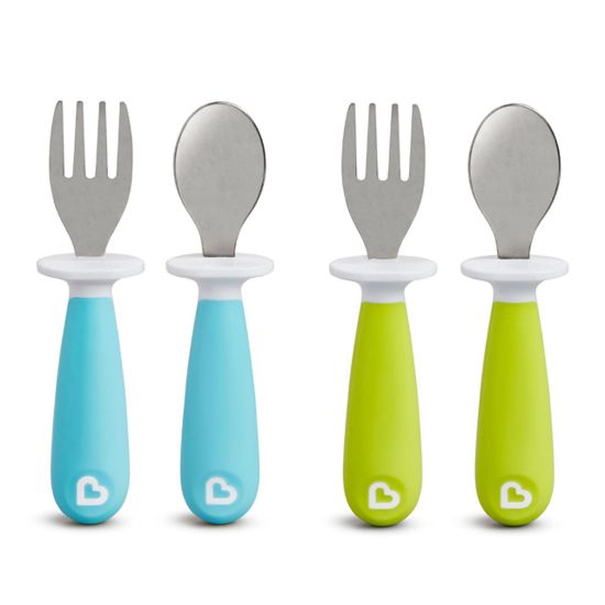 Picture of Munchkin® Raise™ Toddler Fork and Spoon Utensil Set, Rest Keeps Tip Off Table, BPA Free, 4 Pack, Blue/Green