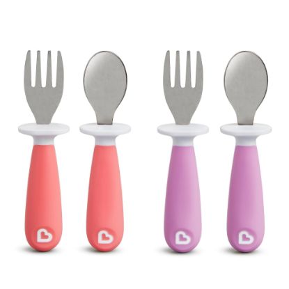 Picture of Munchkin® Raise™ Toddler Fork and Spoon Utensil Set, Rest Keeps Tip Off Table, BPA Free, 4 Pack, Pink/Purple