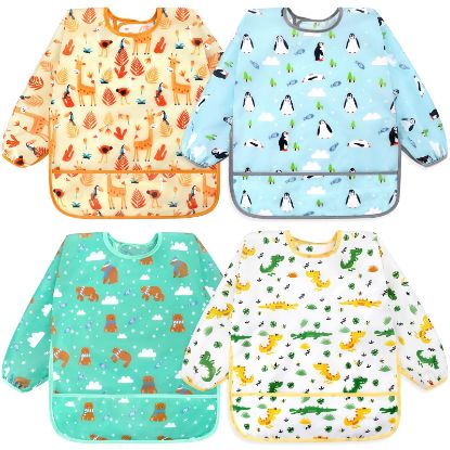 Picture of Accmor 4 Pack Long Sleeve Baby Bibs, Waterproof Sleeved Bib, Toddler Soft Bib for 24-36 Months