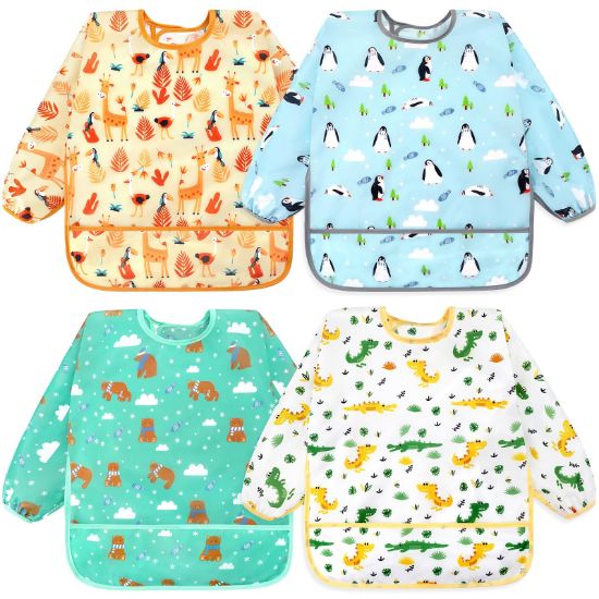 Picture of Accmor 4 Pack Long Sleeve Baby Bibs, Waterproof Sleeved Bib, Toddler Soft Bib for 24-36 Months