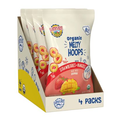 Picture of Earth's Best Organic Melty Hoops, Bite-Sized Snacks for Babies 8 Months and Up, Strawberry and Mango, 0.70 Ounce Bags (Pack of 4)