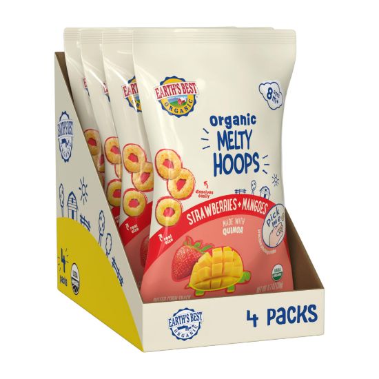 Picture of Earth's Best Organic Melty Hoops, Bite-Sized Snacks for Babies 8 Months and Up, Strawberry and Mango, 0.70 Ounce Bags (Pack of 4)