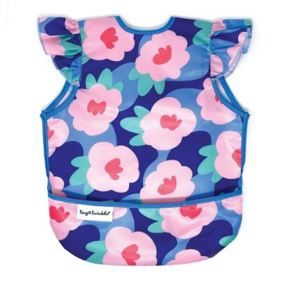 Picture of Tiny Twinkle Mess Proof Baby Bib - Waterproof & Lightweight Baby-Led Weaning Apron | 100% Recycled Polyester, Easy Clean & Machine Washable (Floral Blue, Small 6-24 Months)