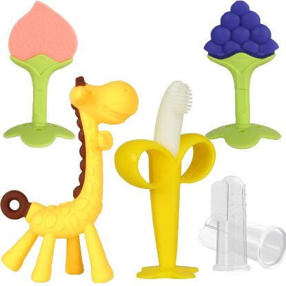 Picture of Haili XMGQ Baby Teething Toys, Silicone Baby Teether Freezer BPA Free, Soothe Babies Teething Relief Sore Gums, Banana Finger Toothbrush, Fruit Shape Giraffe Teether Set for Infant Boys and Girls