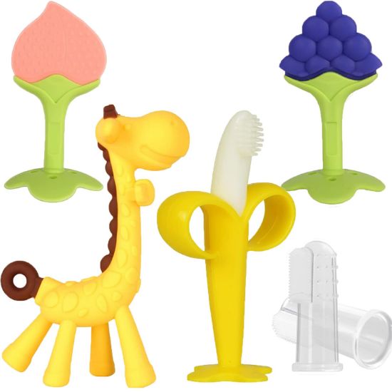 Picture of Haili XMGQ Baby Teething Toys, Silicone Baby Teether Freezer BPA Free, Soothe Babies Teething Relief Sore Gums, Banana Finger Toothbrush, Fruit Shape Giraffe Teether Set for Infant Boys and Girls