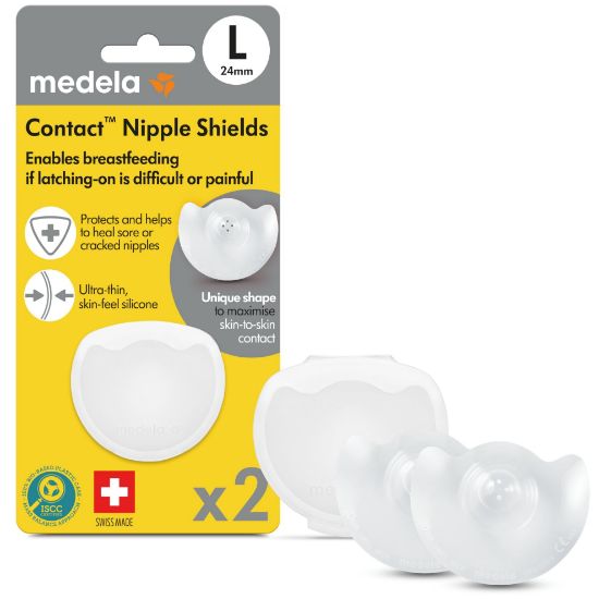 Picture of Medela Contact Nipple Shield for Breastfeeding, 24mm Medium Nippleshield, For Latch Difficulties or Flat or Inverted Nipples, 2 Count with Carrying Case, Made Without BPA