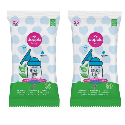 Picture of Breast Pump Wipes by Dapple Baby, Hypoallergenic & Powered by Plants, Removes Milk Residue, Leaves No Taste, Convenient Wipes Pouch, Fragrance Free, 25 Count (Pack of 2)