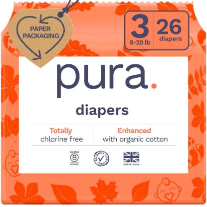 Picture of Pura Size 3 Eco-Friendly Diapers (9-20 lbs) Totally Chlorine Free (TCF) Hypoallergenic, Soft Organic Cotton, Sustainable, up to 12 Hours Leak Protection, Allergy UK, 1 Pack of 26 Diapers