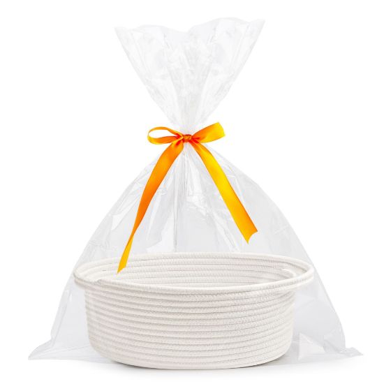 Picture of Pro Goleem Small Woven Basket with Gift Bags and Ribbons Durable Baskets for Mother's Day Gifts Empty Small Rope Basket for Storage 12"X 8" X 5" Baby Toy Baskets with Handles, White