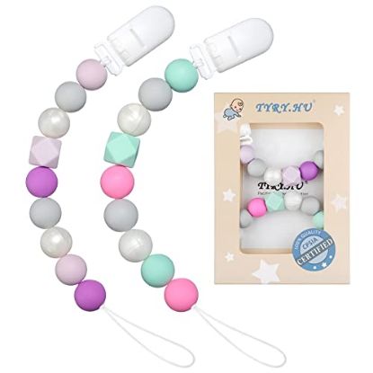 Picture of Pacifier Clip Baby Girls Binky Holder Soothie Paci Clip Silicone Bead Teething Relief Teether Toy Baby Birthday Christmas Set of 2 (Purple, Green)